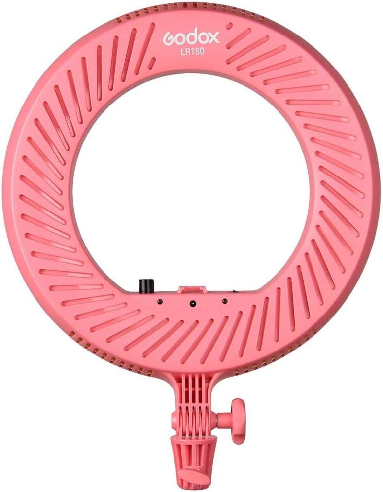 Back view of the Godox LR180 Daylight Ringlight in pink, showing the Godox logo and LR180 model number.