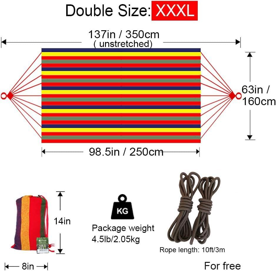 Miniatura 3 de Hamaca brasileña doble para 2 personas, extragrande, de lona, algodón, 98 x 65 pulgadas, longitud total 137.8 pulgadas, capacidad de carga de 500