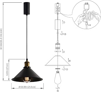 mirrea H-Type Matte Black E26 Socket Track Lighting Pendant, Pack of 3
