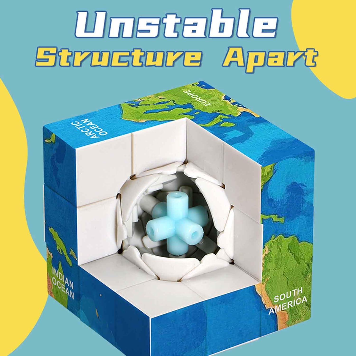 World Map 3D Cube Educational Toy, Geography Learning Puzzle, 6 Continents and Oceans