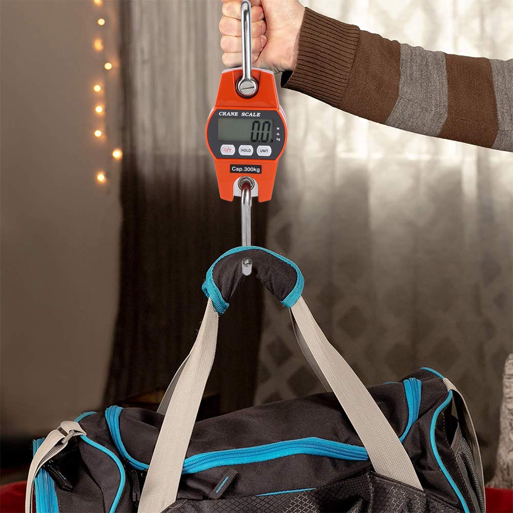 Mini báscula de mano para grúa con ganchos, mini báscula portátil con pantalla LCD digital, báscula para colgar, báscula eléctrica, 300 kg/600 lb, naranja para granja, caza
