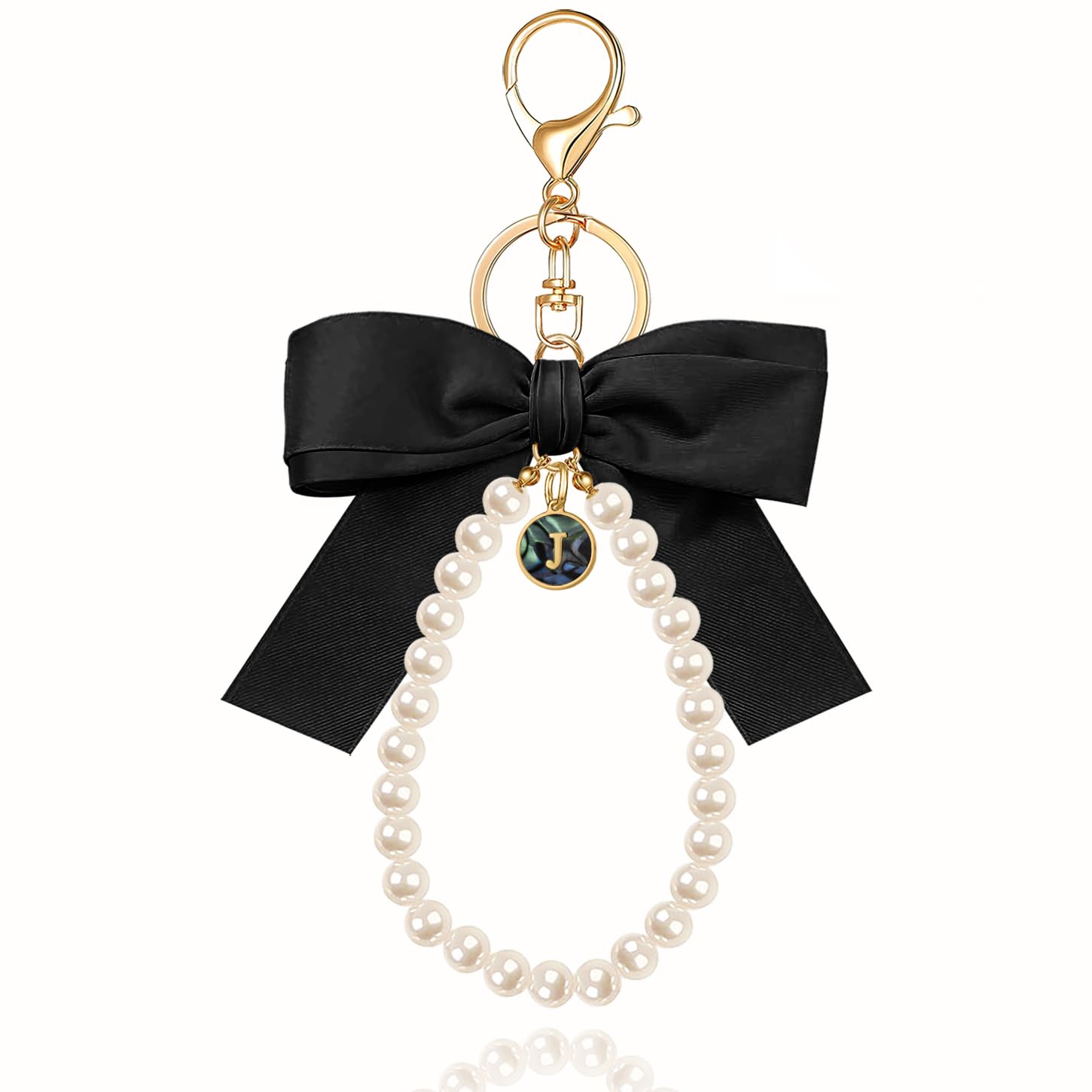 XGALBLA Initial Letter Cute Coquette Bow Keychain for Women, Wristlet Simulated Pearl Keychains Bag Charms for Handbags