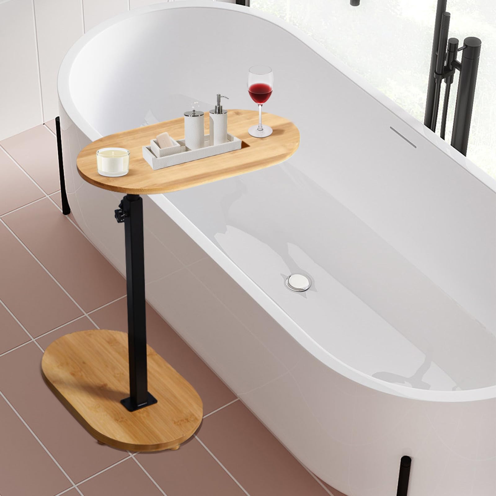 Table d'Appoint en Forme de C Réglable en Hauteur Petite Table Basse Latérale en Bambou et Métal Bout De Canape pour Salon, Salle de Bain, Lit, Canapé et Café