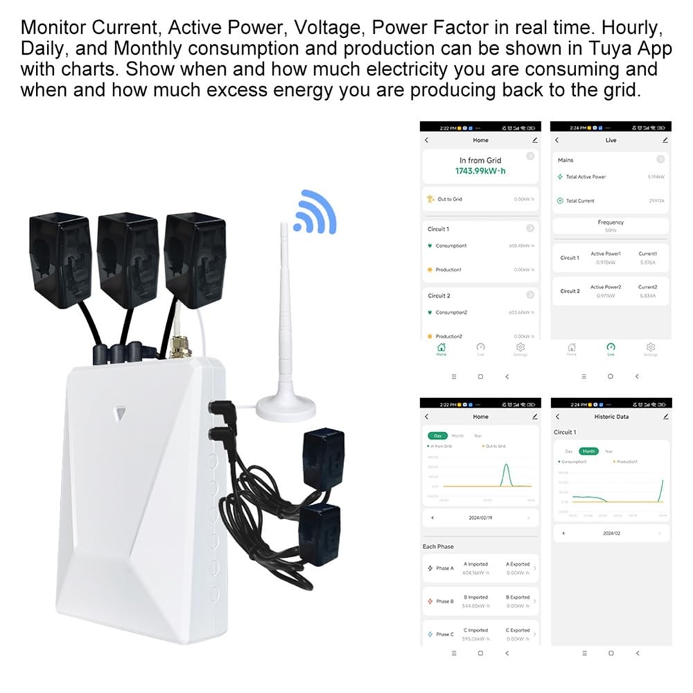 Graffiti Smart Life WIFI Medidor de Electricidad Trifásico de 4 Hilos con 5 Transformadores Monitor Solar de Energía Portátil en Tiempo Real, 200 A