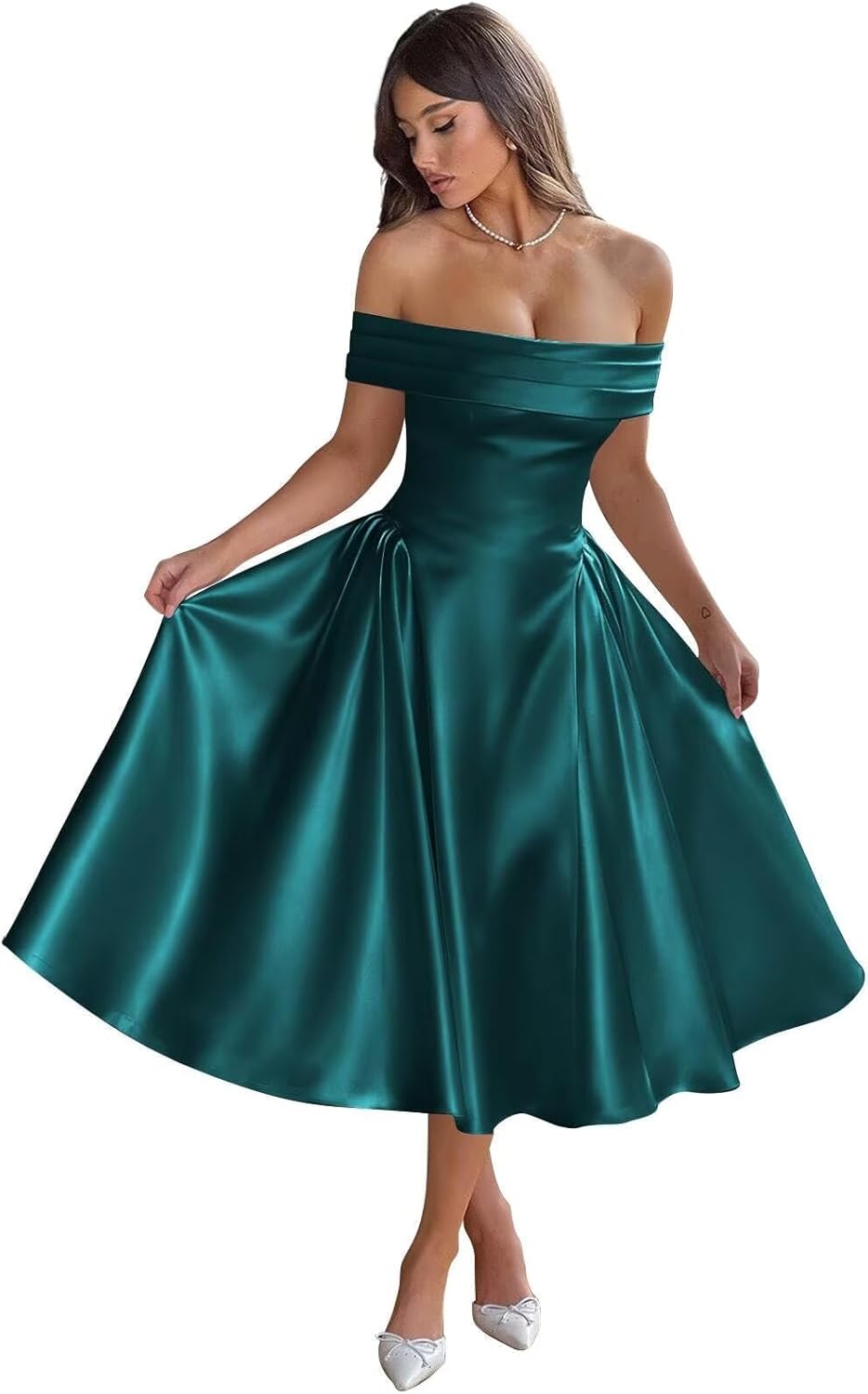 Fashionbride Off The Shoulder Satin Prom Dresses Tea Length Formal Dress A Line Ruched Evening Party Ball Gown AP107
