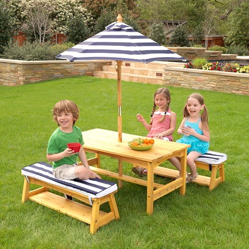 image for KidKraft Outdoor Wooden Table & Bench Set with Cushions and Umbrella, 