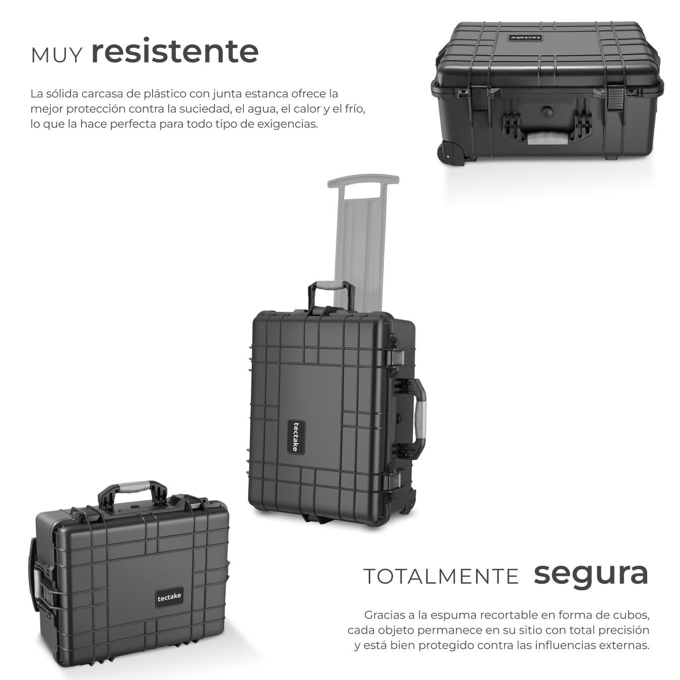 tectake® Maletín Cámara Vacío con Espuma, Carcasa Rígida, Carro Herramientas a Prueba de Golpes, Caja Herramientas con Ruedas y Asas Telescópicas, Resistente a la Intemperie, 56 x 46 x 27 cm