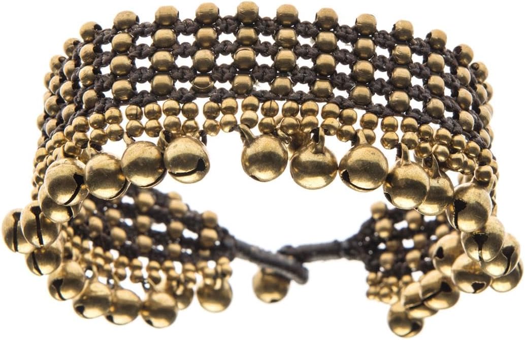 81stgeneration Women's Brass Gold Anklet with Bells 27 cm - Ethnic Jewelry - Wide Cord Beaded Ankle Bracelet - Indian Style Payal Anklets - Gypsy Festival Fashion - Feet Jewelry for Women