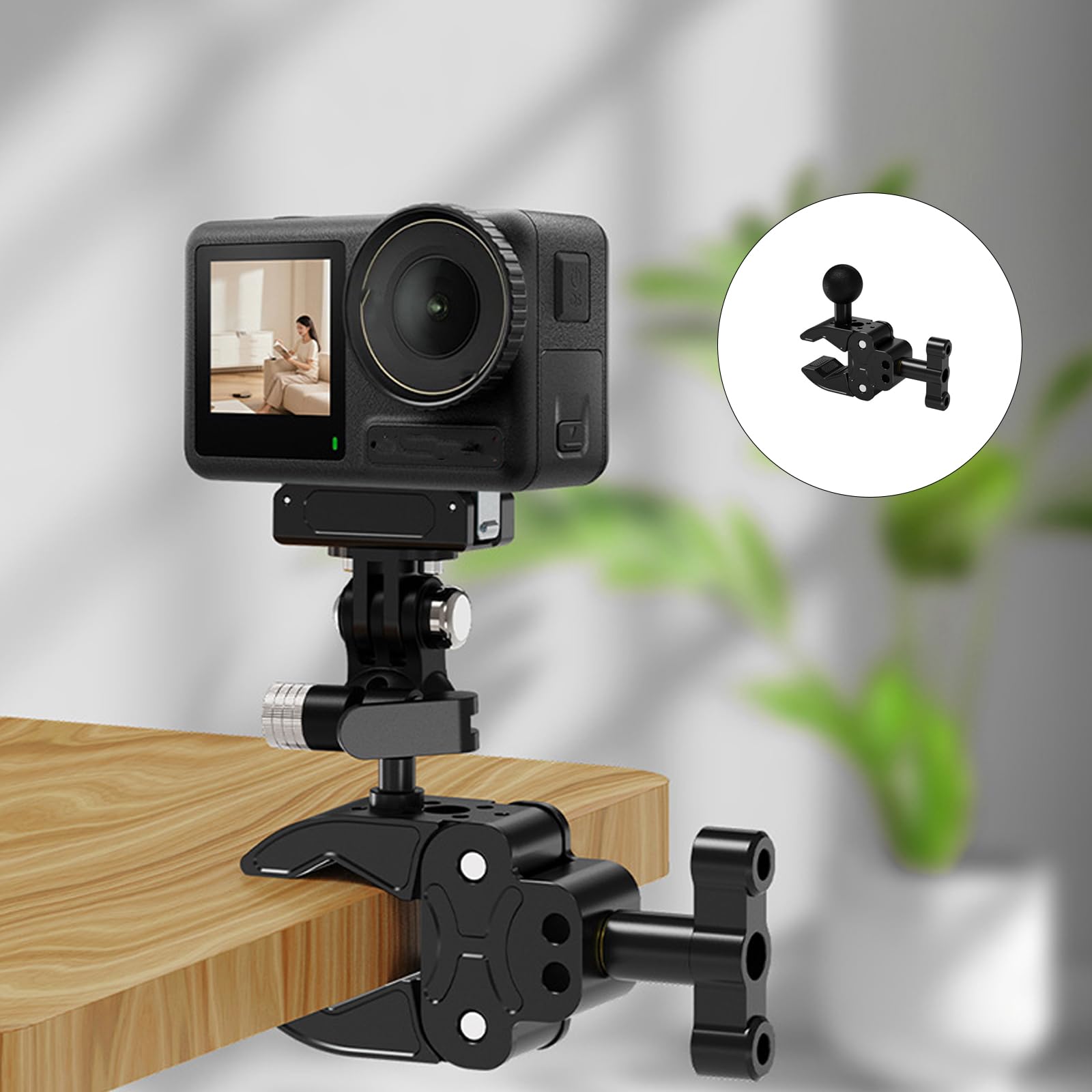 Staffa per action camera, super morsetto, regolabile a 360 gradi, con estensione da 1/4", convertitore treppiede per manubrio, accessorio per fotocamera resistente per vlog da viaggio