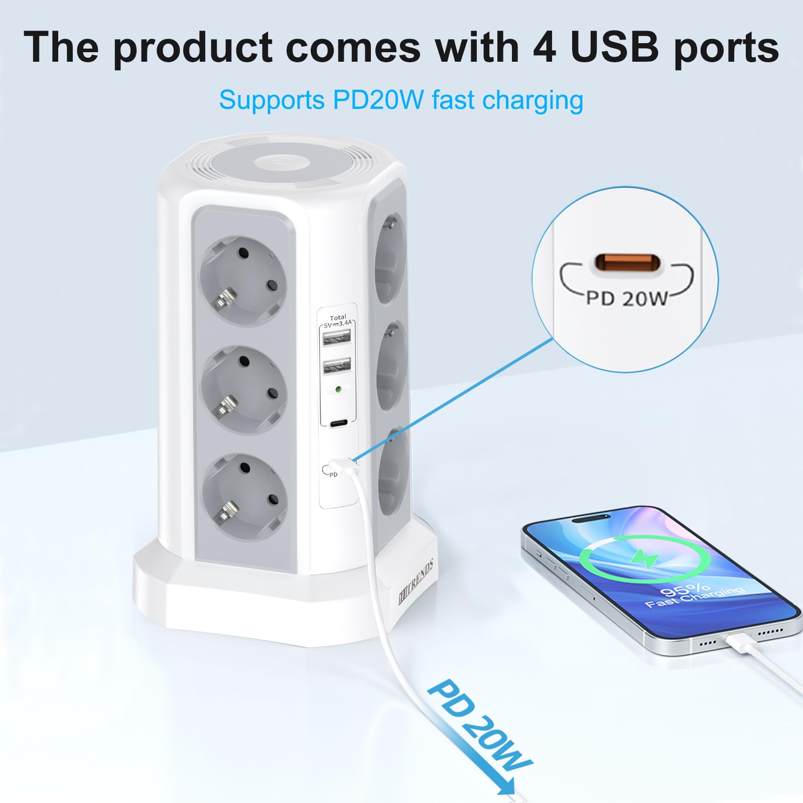 HITRENDS 12-Fach Steckdosenturm mit USB, Steckdosenturm mit 2M kable, (12Schuko+4 USB), Steckdosenleiste mit Überspannungsschutz für Küche, Büro (250V/16A,Weiß)