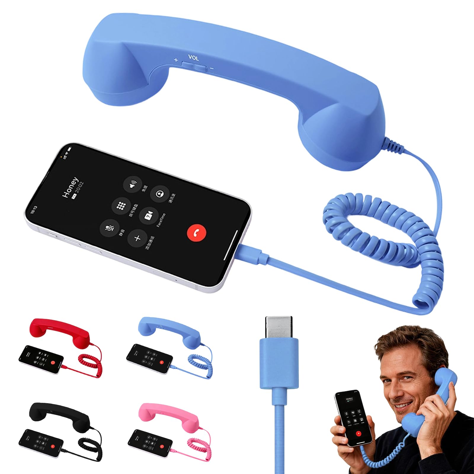 Retro Phone Handset for iPhone & Android, 2026 New Type-C Wired Receiver with Microphone & Speaker, Vintage Landline Style Handle for Noise Cancelling Calls, Meetings, and Home Office Desk Use (Pink) — view 9