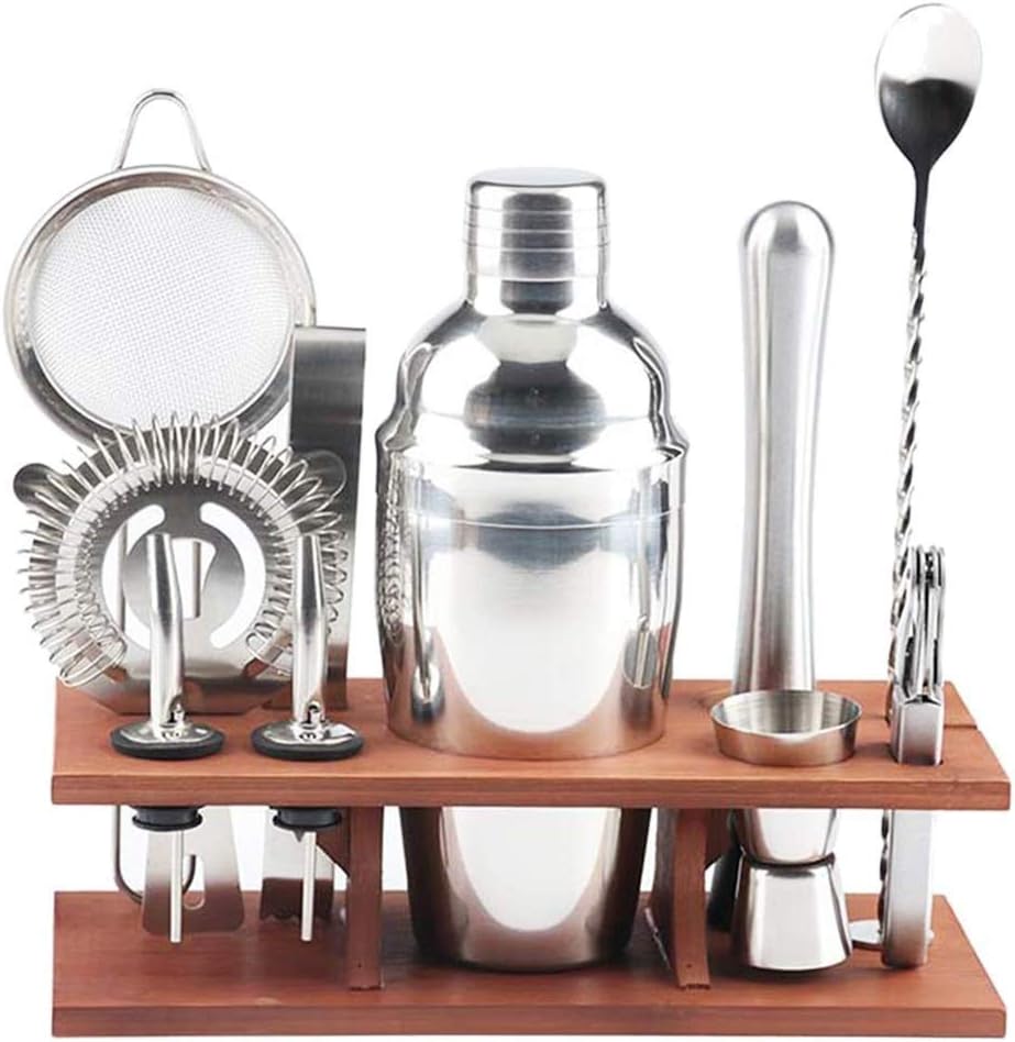 11pcs Set Wine Recipe Mixer Shaker Bartender Barware Kit Kitchen Bar Tools Stainless Steel Cocktail Shaker Set with Bamboo Frame (Color : 550ml) (550ml) Cocktail shakers