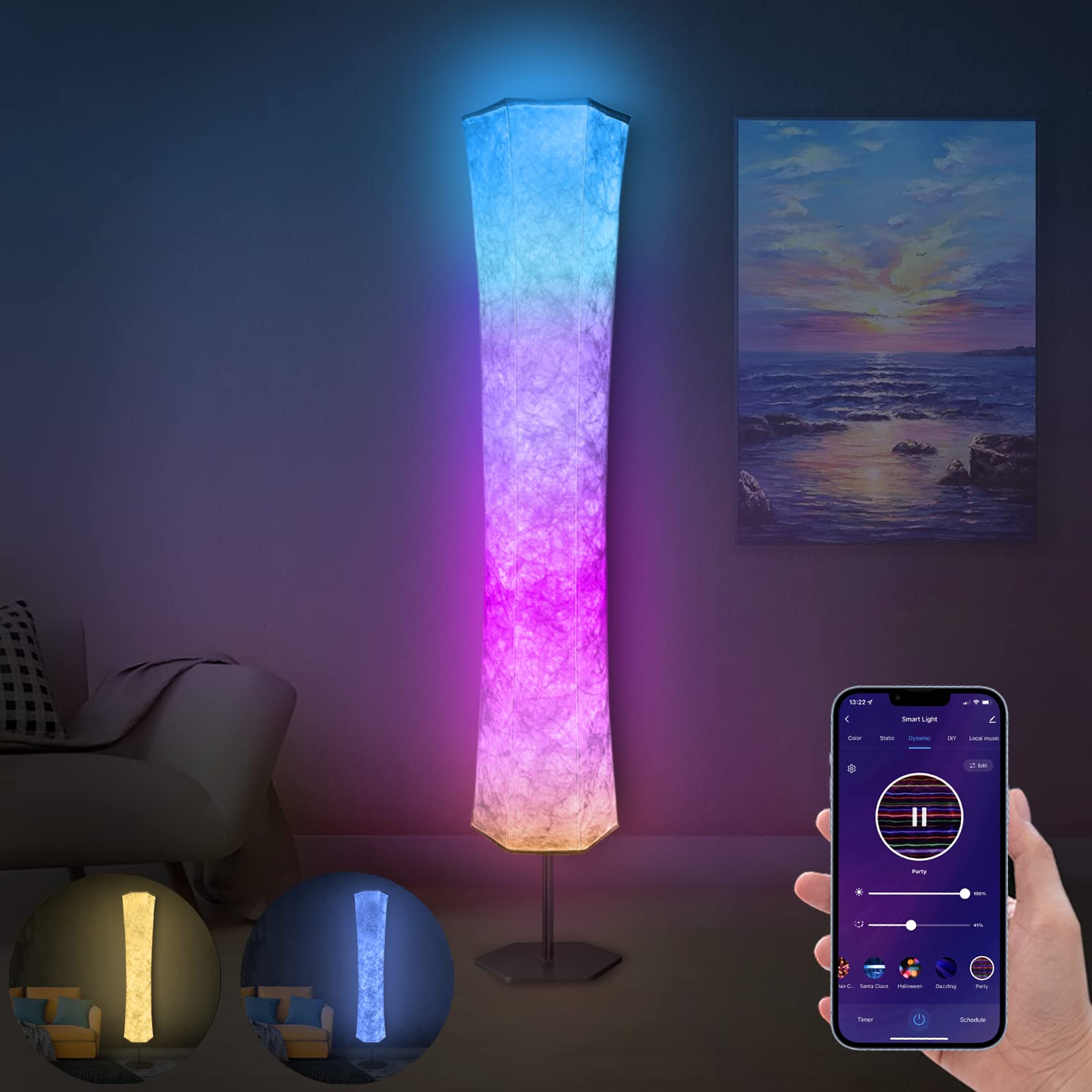 AMERCOT Floor Lamp,RGB Color Changing Led Lamp,Smart Lamp ,Alexa APP Light Control,59" Modern Lamp w