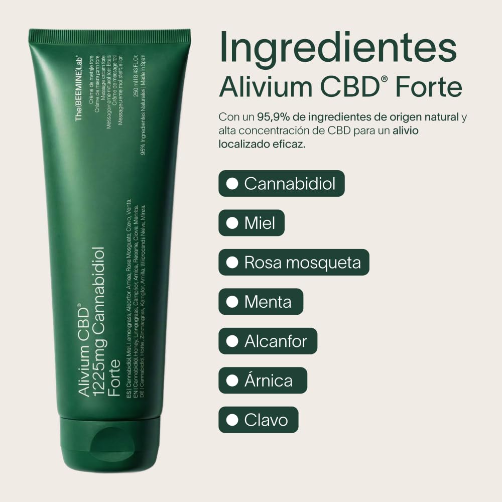 Alivium CBD Forte Crema De Masaje Corporal 250 Ml + 1225 mg CBD + Uso Tópico Bienestar + Efecto Frío Calor Reconfortante + Zonas Fatigadas Espalda Lumbares Cuello Hombros Rodillas + Autocuidado Diario