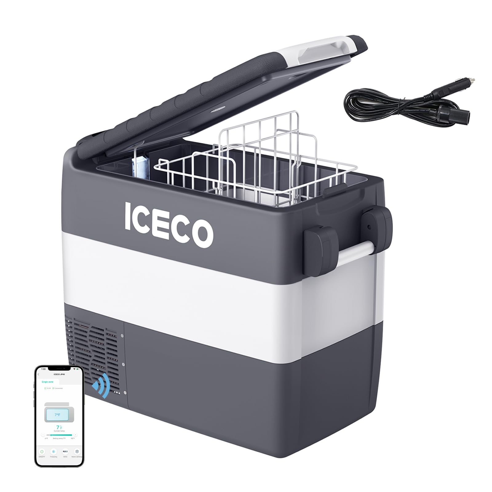 ICECO12V Refrigerator, Portable Fridge Powered by SECOP, 50 Liters Car Freezer with APP Control, 0℉～50℉, 12V-24V DC, 110V-240V AC, Electric Cooler for Truck, Boat, Car Use, with Extension Cable