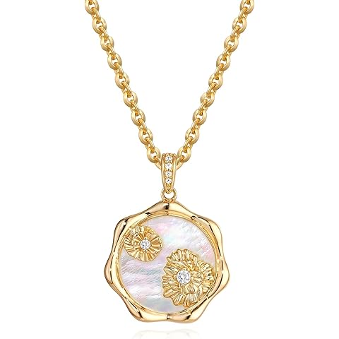 MEVECCO Birth Flower Necklace For Women 18k Gold Plated Mother Of Pearl Disc Floral Pendant Necklace Dainty 12 Birth Month Flower Handmade Personalized Jewelry Anniversary Christmas Birthday Gifts