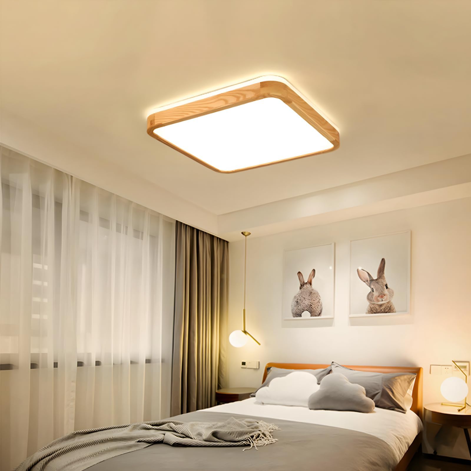 Plafoniera LED in Legno, Lampada Quadrata in Legno Naturale con Bagliore Superiore 360°| Dimmerabile con telecomando 2700K-6500K 36W| Soggiorno sala pranzo corridoio casa ufficio camera(Ø50cm)