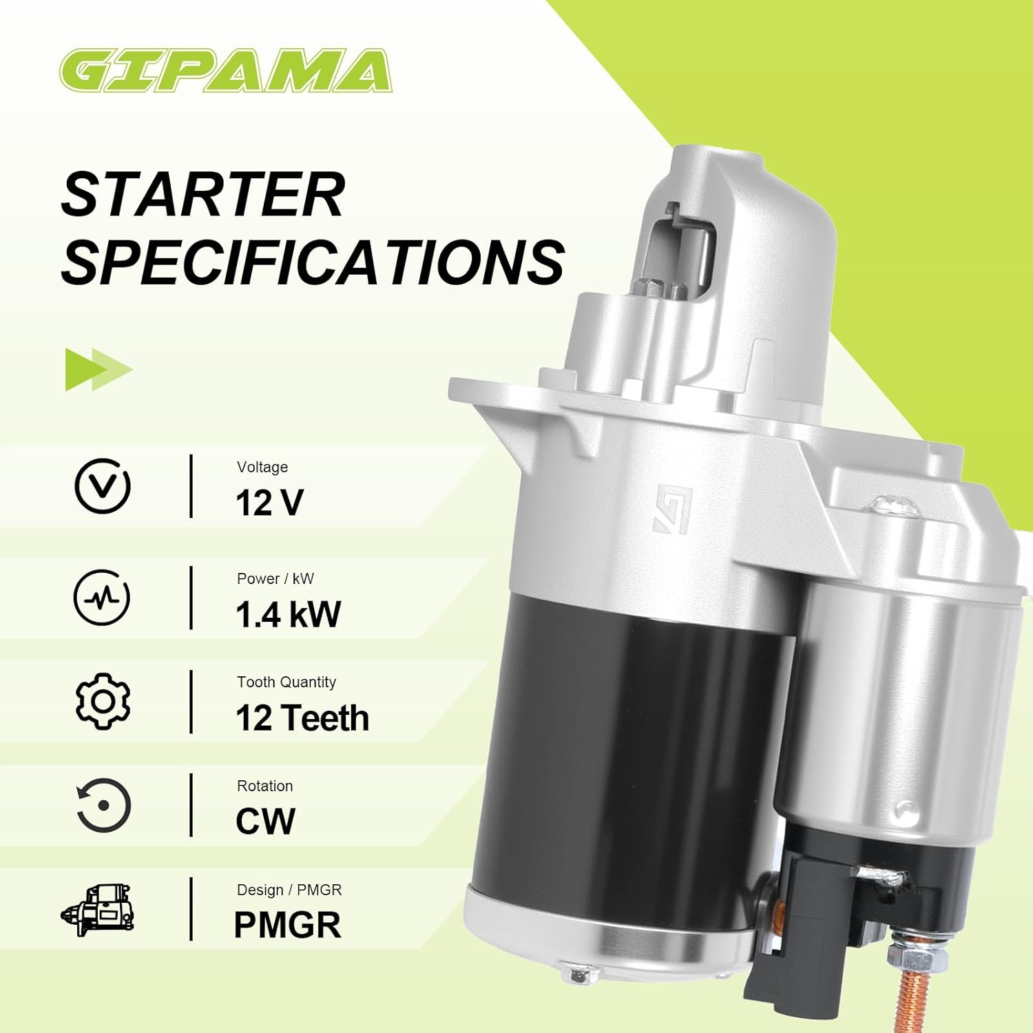 Starter Motor for Buick, Cadillac, Chevrolet, GMC, Pontiac, Saturn, Suzuki – GIPAMA 17986 – 12V 1.4kW PMGR, 12-Tooth CW Rotation – Replaces GM 12588493, Mitsubishi M000T23871, Suzuki 31100-78J00