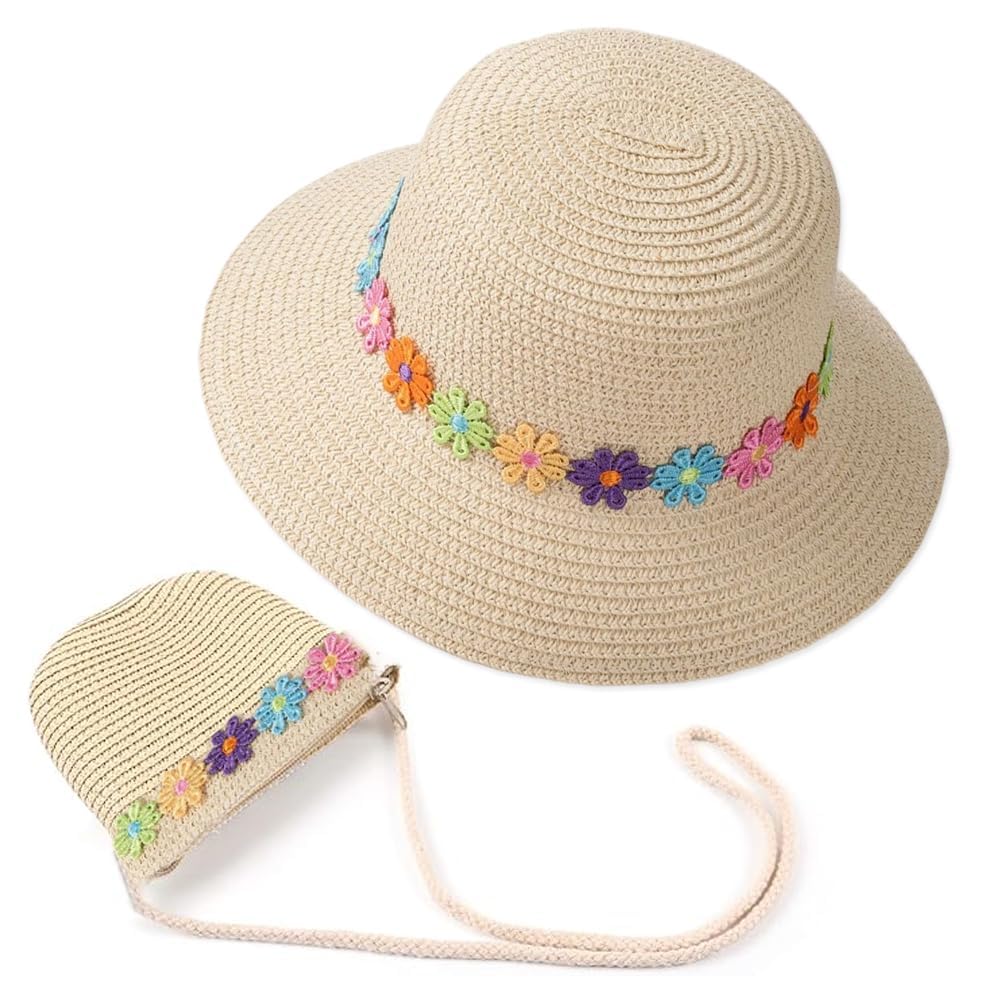 Chapeau de Soleil pour Filles Mini Sac de Paille, Petit Sac avec décoration de Fleurs Chapeaux de Paille de Plage d'été Chapeau de Soleil pour activités de Plein Air