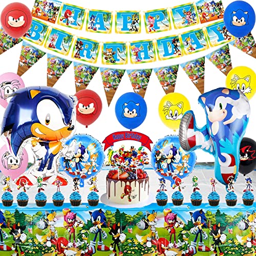 Newtic 30PCS Sonic Geburtstag Dekoration, Sonic Aluminium Luftballons,Sonic Luftballons, Sonic Geburtstag Banner, Tischdecke, für Kinder Party Baby Shower Geburtstagsdekorationen Cover
