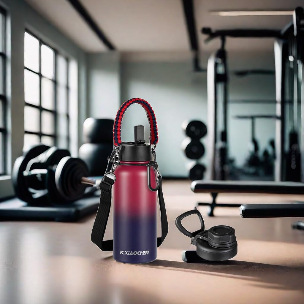 KXIAOCHEN Isolierte Wasserflasche mit Riemen, kalt für 48 Stunden, auslaufsicher, dreiwandige Edelstahl-Sport-Trinkflasche mit Strohhalm und Auslaufdeckel, für Fitnessstudio, Wandern, Reisen, 1,2 l