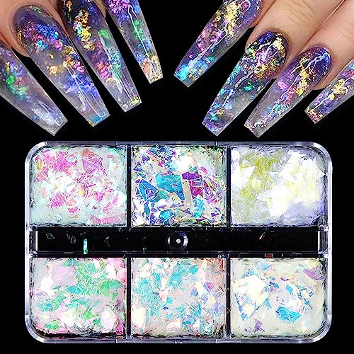 Holographic Iridescent Glitter Nail Art Sequins, 3D Irregular Ultra Thin Nail Art Sparkly Flake Designs, Shiny Mermaid Nail Glitter Confetti Acrylic Supplies for Women Girls Manicure Tips Decorations