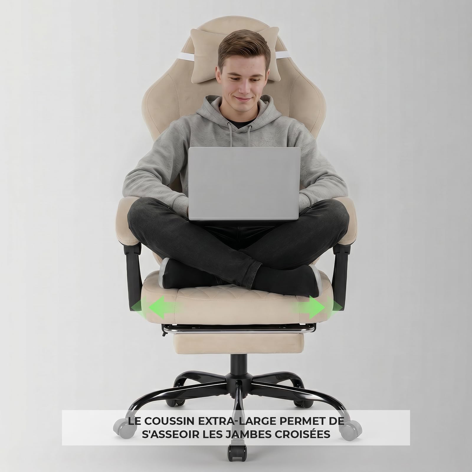 Fauteuil de Jeu, Fauteuil d'ordinateur, Ergonomique, avec Repose-Pieds, Appui-tête réglable, Soutien Lombaire avec Fonction Massage, Rembourrage Moelleux, capacité de Charge de 150kg Beige