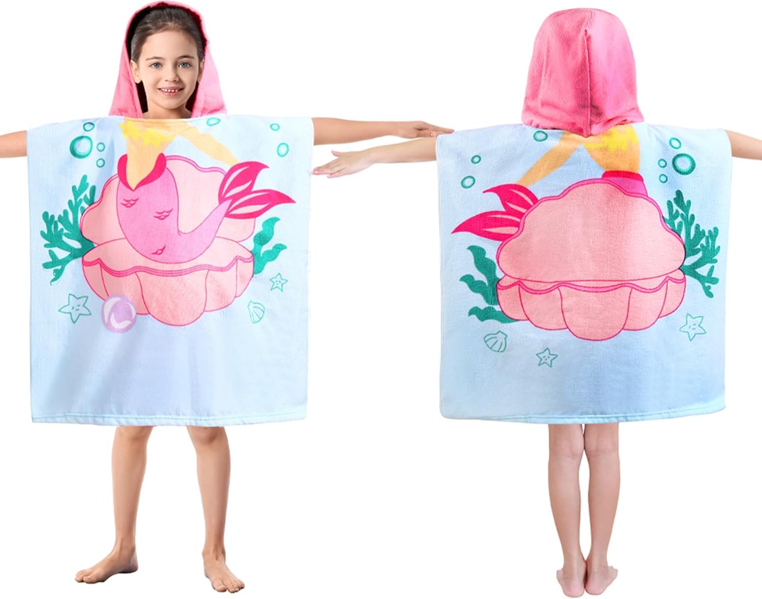 ELECDON Hooded Bathrobe, Kids Beach Towel for Boys Girls, Hooded Bath Towel Wrap, Toddler Pool Towel with Hood, Super Soft, Absorbent Microfiber Beach Towel for 0-7 Years (Mermaid)
