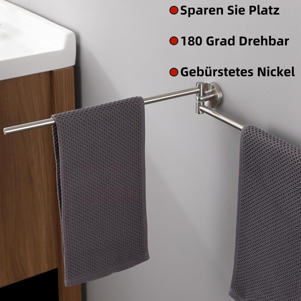 Porte‑Serviettes Pivotant à Deux Bras, Porte‑Serviettes Mural Acier Inoxydable SUS304, Rotation 180° Gain de Place Finition Brossé, H91201D