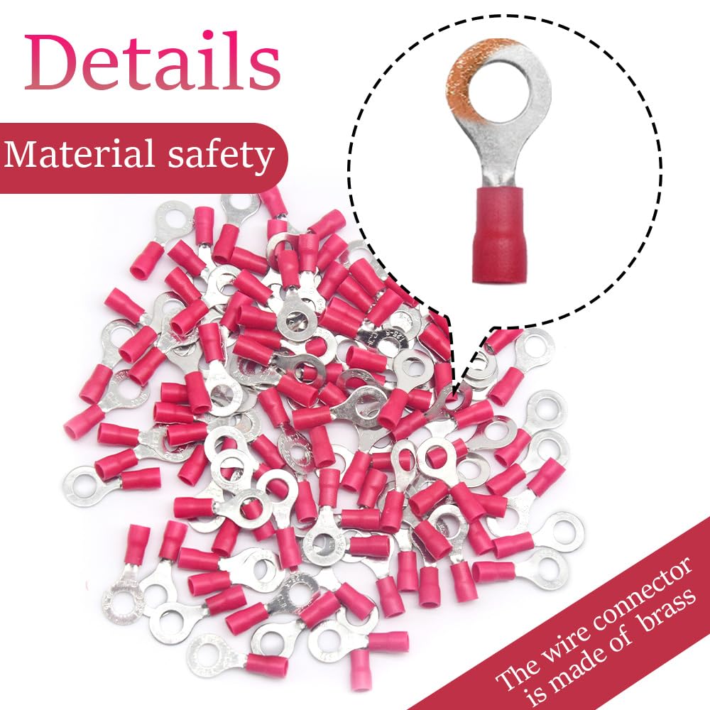 100 Pezzi Anello Capocorda Elettrico Terminale Connettori Elettrici Diametro Foro M6 Crimpare Connettori – Per Cavi Da 0,5 – 1,5 mm² (Rosso/YPRH6)