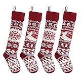 LimBridge Christmas Stockings, 4 Pack 24 inches Extra Long Snowflake Reindeer Knit Knitted Xmas Rustic Personalized Large Stocking Decorations for Family Holiday Season Decor, Cream Burgundy