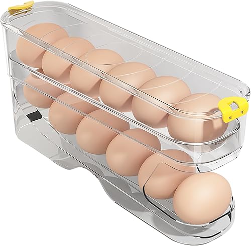Miniatura 9 de Recipiente para huevos para refrigerador transparente apilable para almacenamiento y organización de cocina (marrón oscuro, 3 niveles)