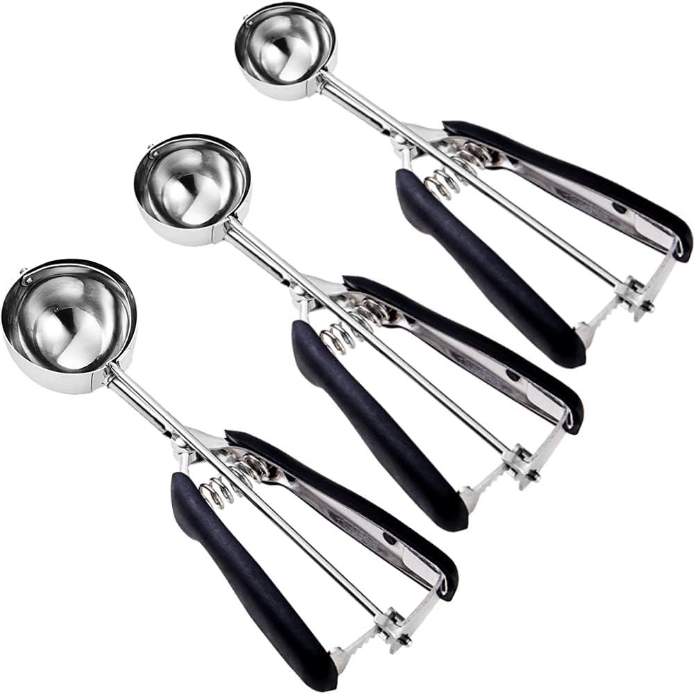 Cookie Scoop set, Size #60/ #40/ #20 Size Cookie Dough Scoop, 3 Pack Cookie Scoops for Baking, Non-slik Grip, Black, 18/8 Stainless Steel