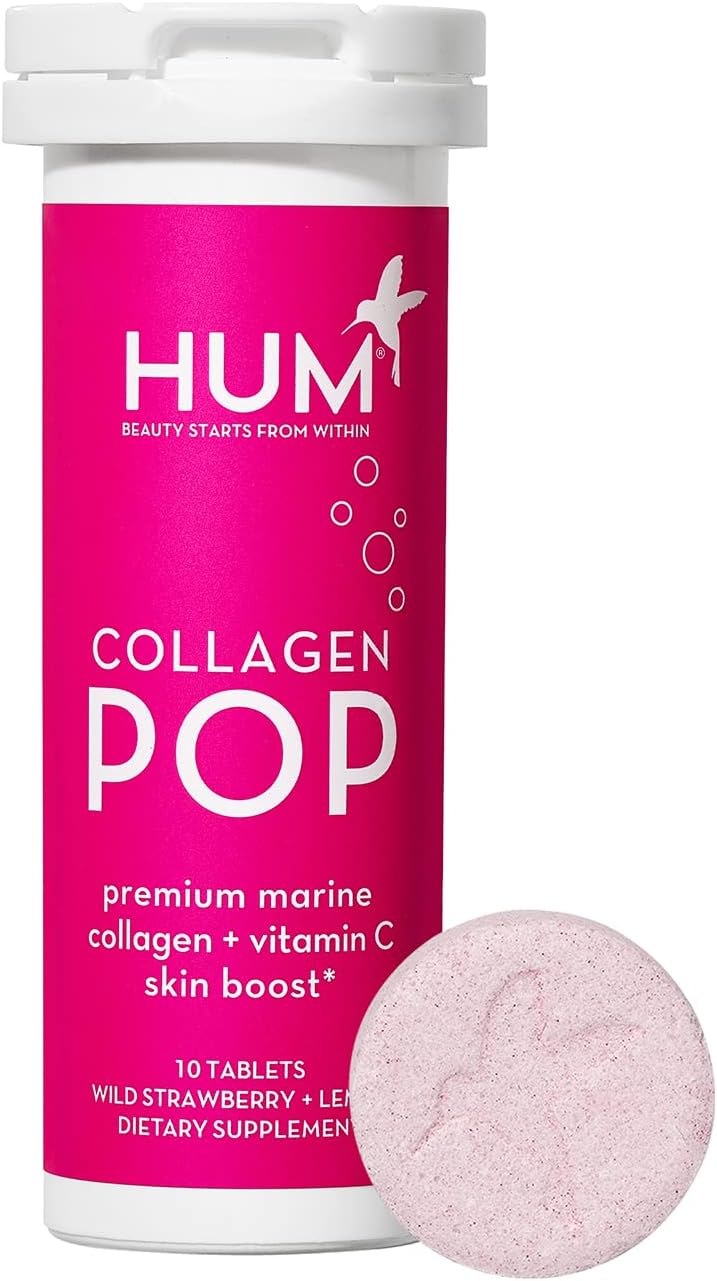 HUM Collagen Pop Marine Collagen Peptides Tablet, Clean Skin Supplement for Women & Men to Support Skin Hydration Levels On The Go, Dissolvable Tablets Strawberry Lemon, 1 Pack, 10 Tablets Each