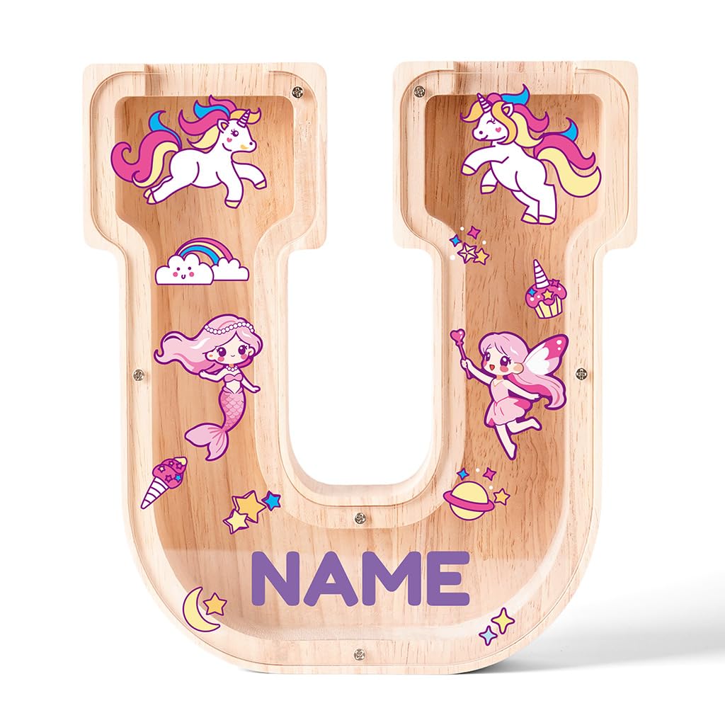 Personalized Wooden Letter Piggy Bank for Kids | Custom Name Alphabet Coin Bank A–Z | Money Saving Box for Boys and Girls | Birthday Gift for Children (U)