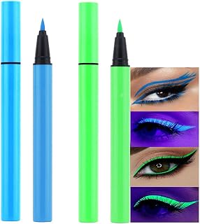2Pcs Blue Green Neon Colorful Liquid Eyeliner Makeup Set Kit UV Glow in the Dark Bright Rainbow Colored Pigmented Graphic Liquid Eyeliner Pen Set for Body Face Paint Delineador de ojos líquido de neón