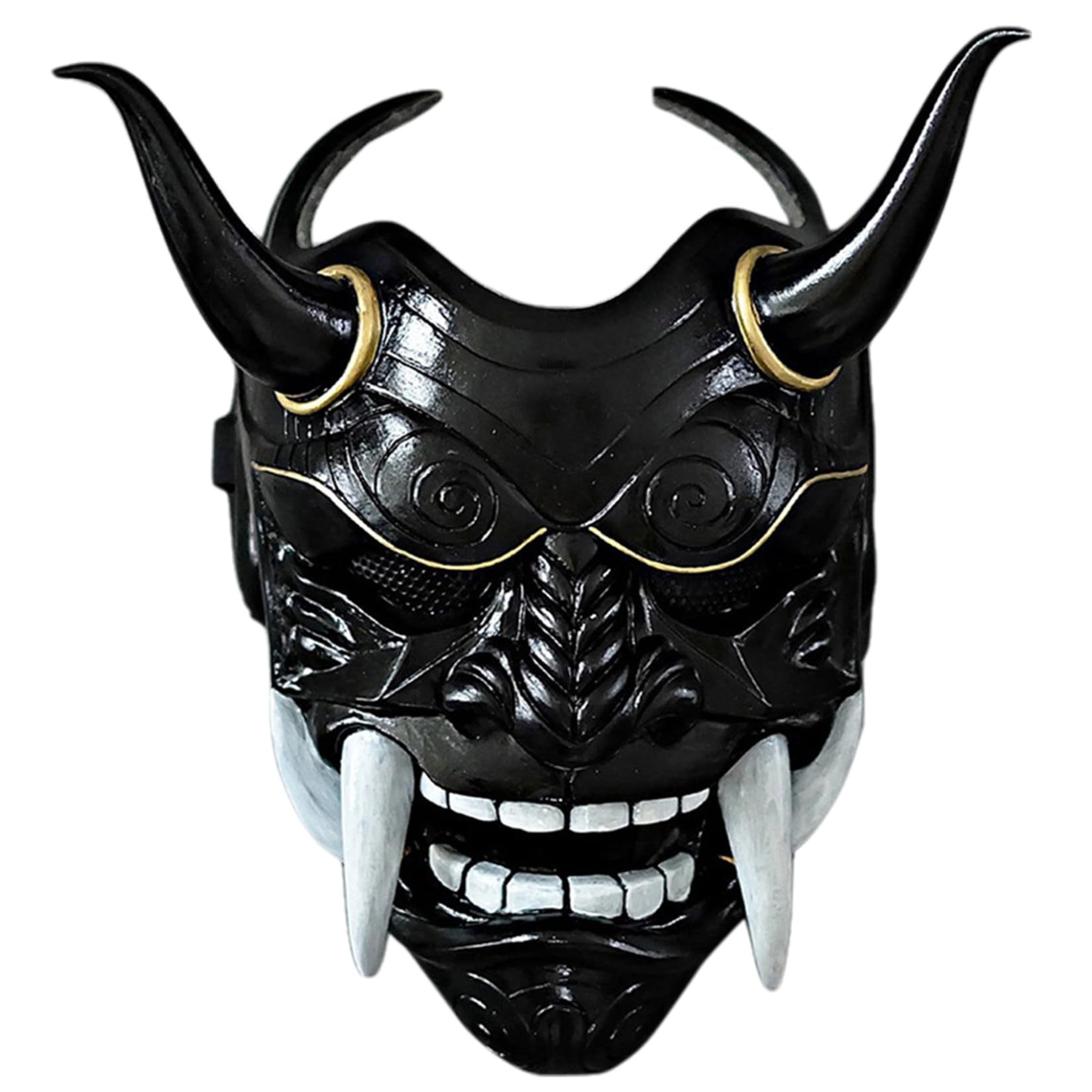 NIDONE Oni Mask, Scary Full Face Latex Japanese Hannya Mask with Fangs and Ox Horn, 11x9.5 Horror Devil Masks for Halloween, Masquerade, Cosplay Props, Black