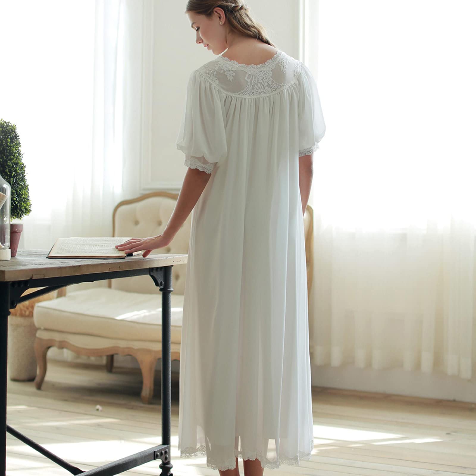 YAROVA Damen Nachthemden - Langes Nachthemd Für Damen, Weich, Bequem, Im Palaststil, Kurzärmlig, Retro-Sommer, Vintage-Stickerei, Nachthemd, Elegante Loungewear, Heimkleidung