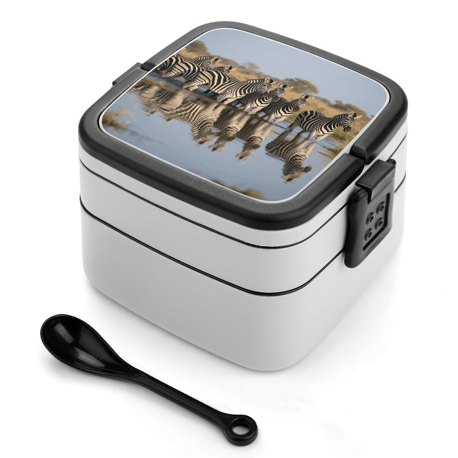 VstaDank Zebra Bento Box with Compartments Portable Lunch Containers with Spoon Leak Proof Bento Lunch Box Snap-On Design Double-Layer Insulated Lunch Boxes for Work Camping