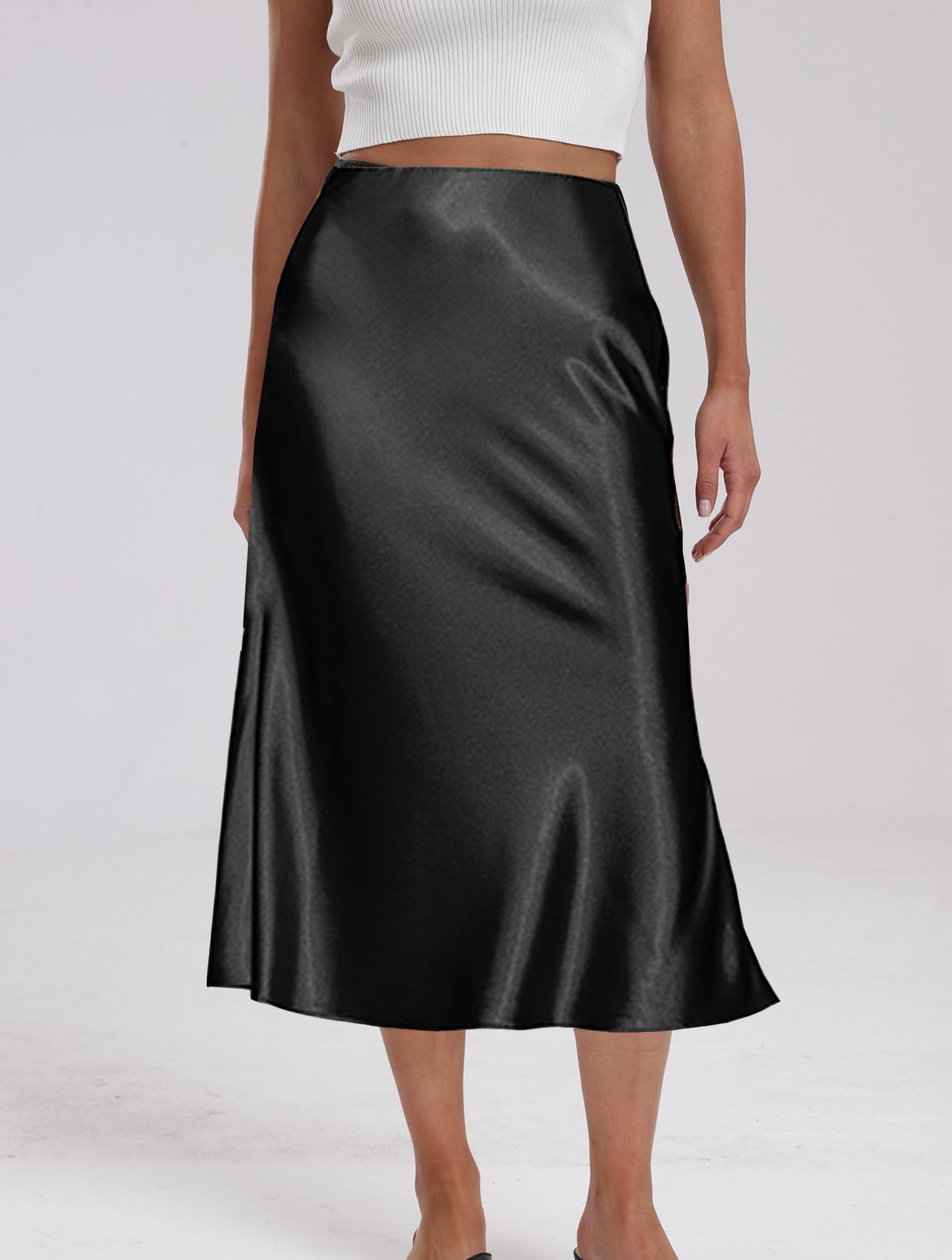 Damen Satin Rock Midi Länge Rock A Linie Skirt Elegant Seidiger Midirock