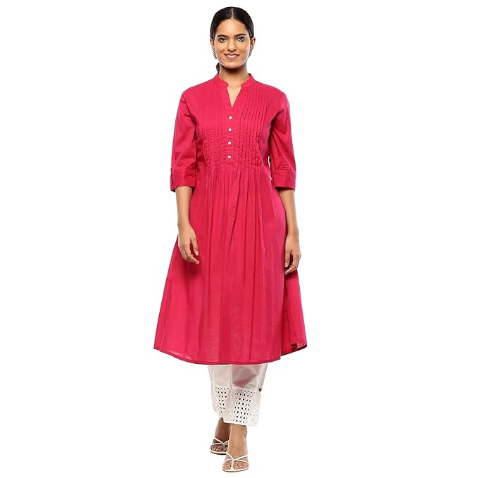 BIBA Women Cotton Regular Fit Solid Pleated A-Line Kurta