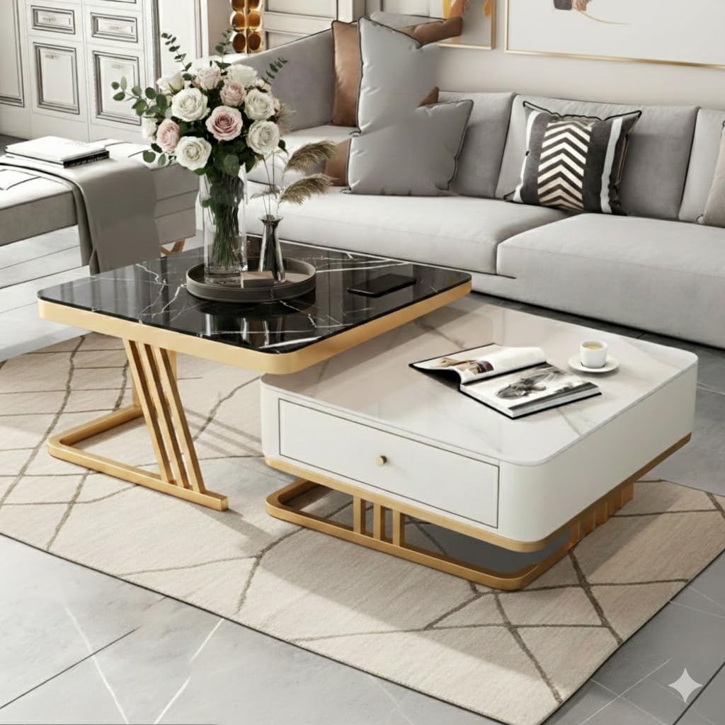 Welltrade Handmade Drawer Square 20"x20" Coffee Table/Nesting Table/Side Table/Center Table with Marble Finish Top for Living Room/Drawing Room