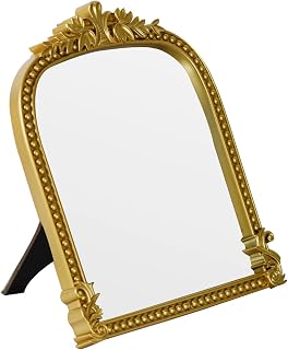 LuHeToz Gold Arched Vintage Makeup Mirror - Standing, Hanging or Wall Mount, 10.6x8.6 Inch Baroque Decorative Vanity Mirror