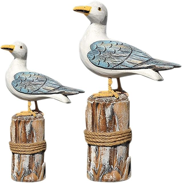 WINOMO 2pcs Seagull Figurine Wooden Nautical Decorations Ornaments Rustic Vintage Coastal Beach Home Decorations Nautical Gift