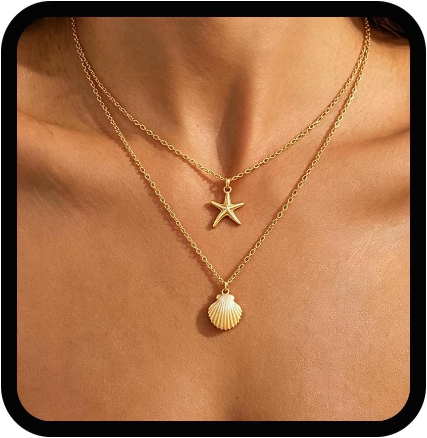 Yalice Layered Boho Shell Starfish Pendant Necklace Chain for Women Charm Beach Summer Jewelry Gifts