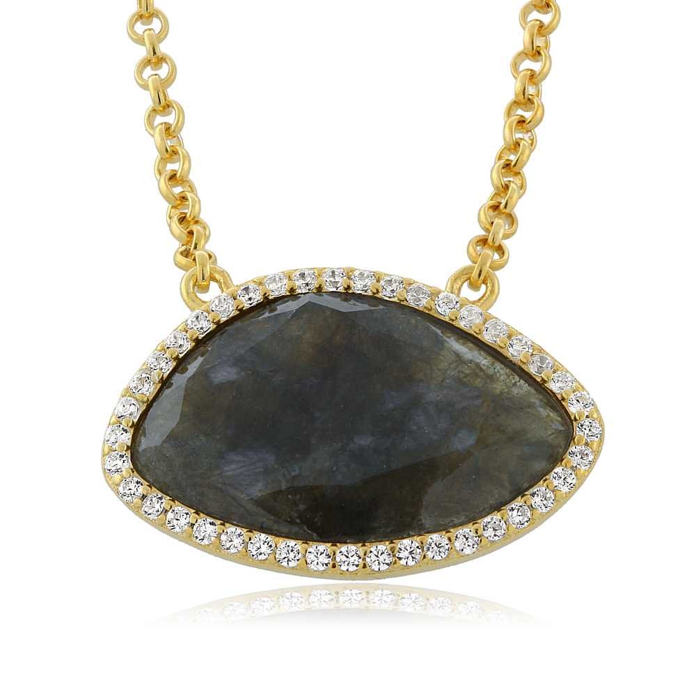 Gem Stone King 6.40 Cttw 925 Sterling Silver Gold Plated Fancy Grey Labradorite Pendant Necklace for Women | 20X12MM | With 18 Inch Chain