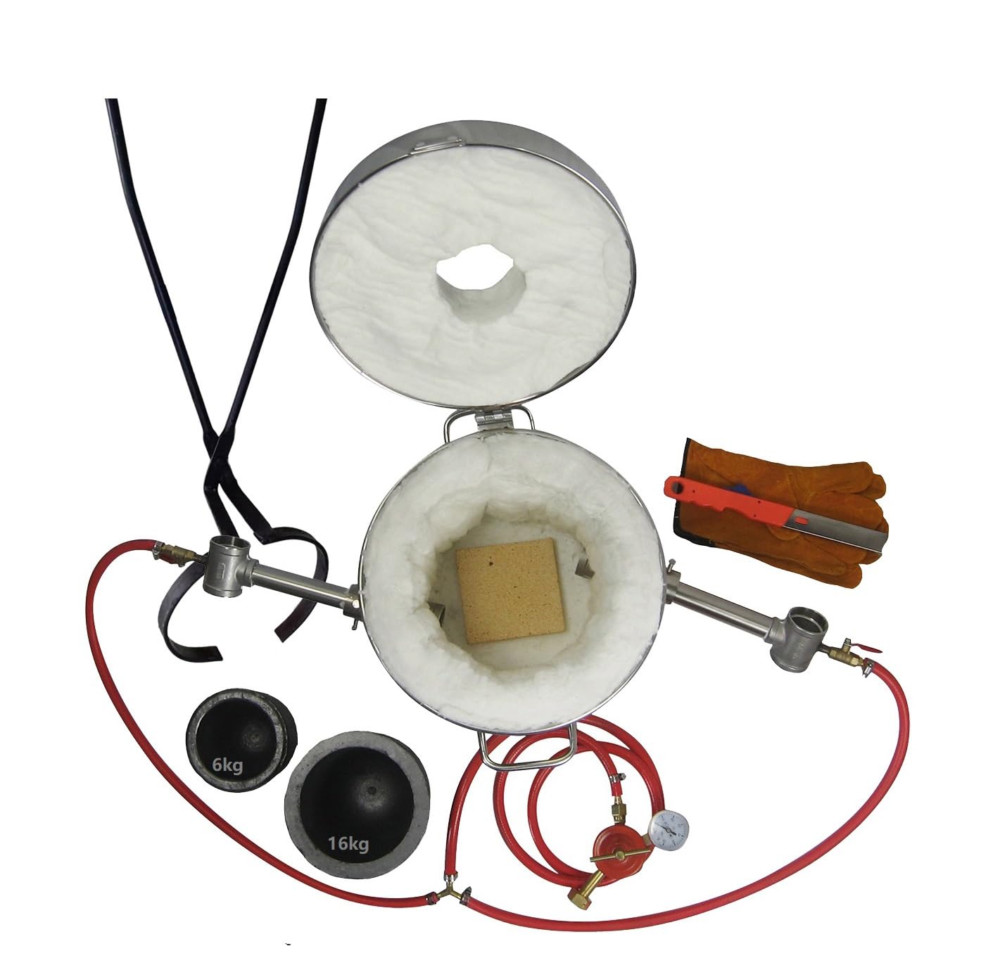 Horno de fundición de propano de acero inoxidable de 16 kg con pinzas 2 en 1 para verter y levantar, doble quemador de metal fundición, horno de crisol para oro, plata, cobre, aluminio, kit