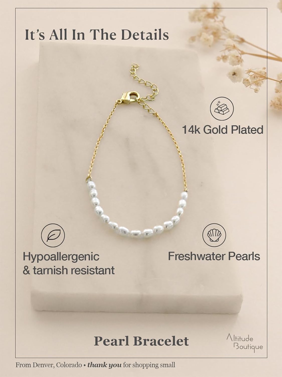 Altitude Boutique Freshwater Pearl Row Bracelet | 3x4mm AAA Cultured Pearls on 14K Gold-Plated Chain | Timeless Pearl Bracelet Design for Women - Image 3