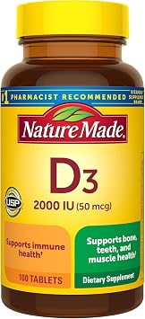 Vitamin D3, 100 Tablets, Vitamin D 2000 IU 50 mcg Helps Support Immune Health, Strong Bones and Teeth, Muscle Function, 250% of the Daily Value for Vitamin D in Only One Daily Tablet