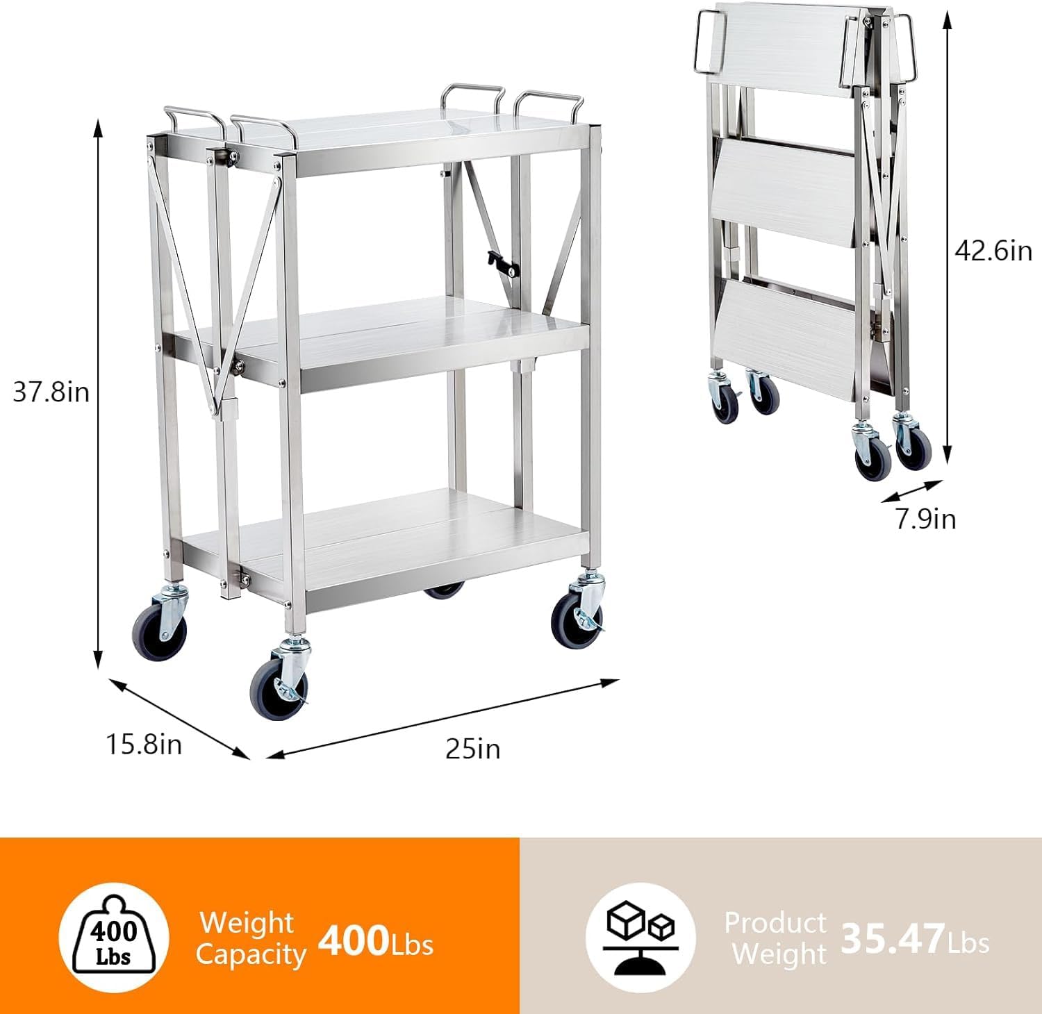 Garvee Carro Plegable de Acero Inoxidable 3 Niveles, Carrito Multiusos con Ruedas con Freno, Carro de Servicio Compacto para Cocina, Almacén, Oficina y Restaurante